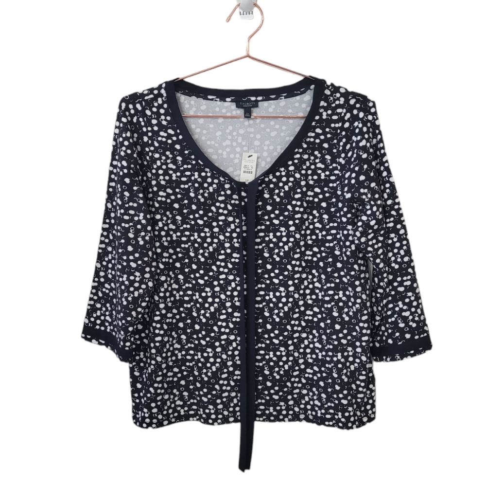 TALBOTS Black White Tie Neck 3/4 Sleeve Polka Dot Top Size 1X Petite